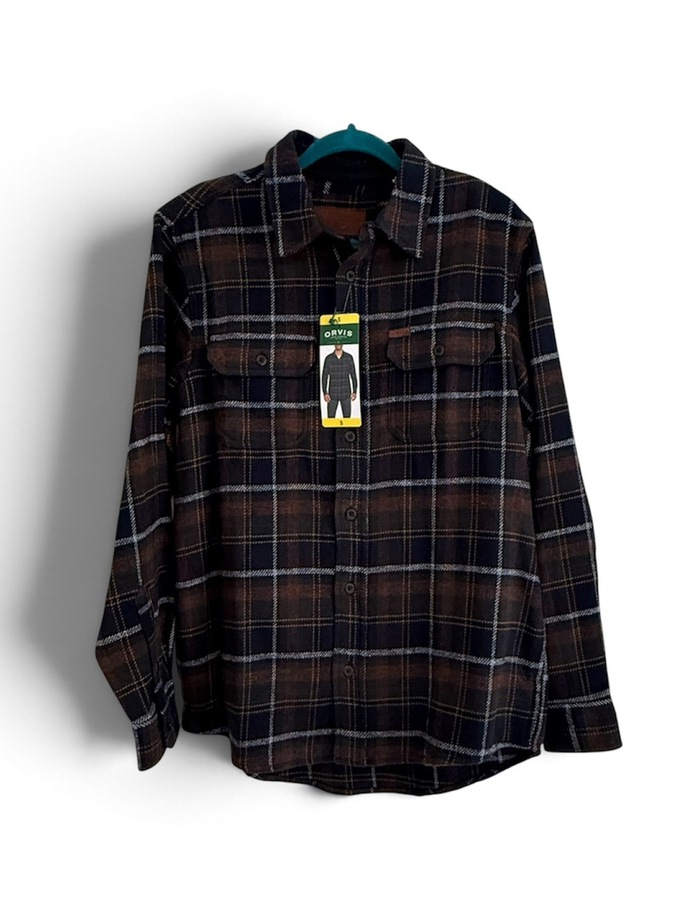 Orvis Men Brown Green Black Plaid Flannel Button-Up Long Sleeve Shirt Pockets S
